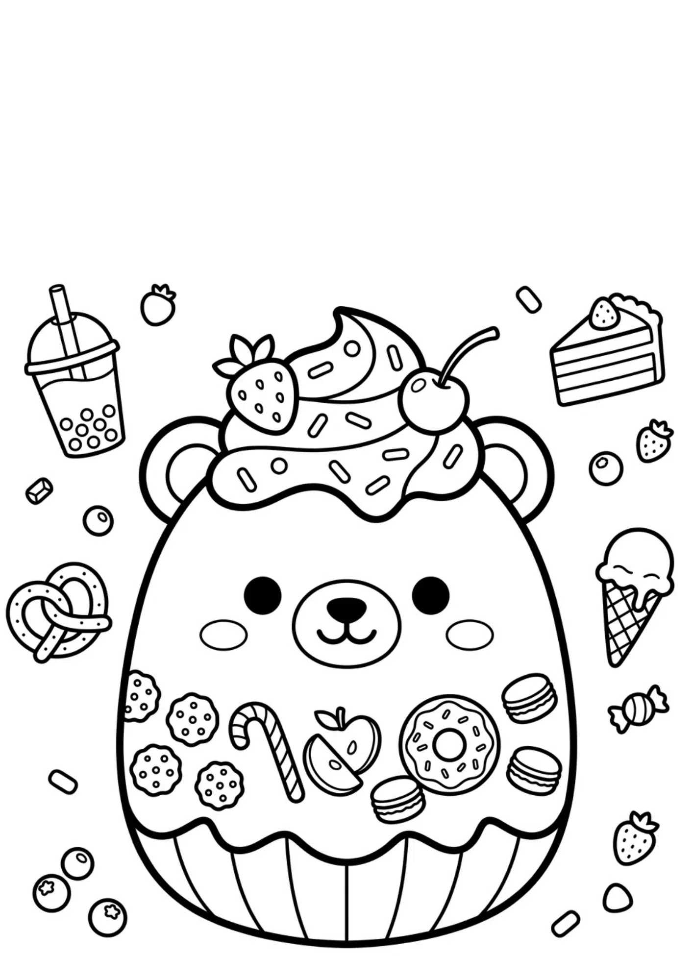 food theme squishmallow coloring page with cute snack inspired character and printable black and white line art for kids