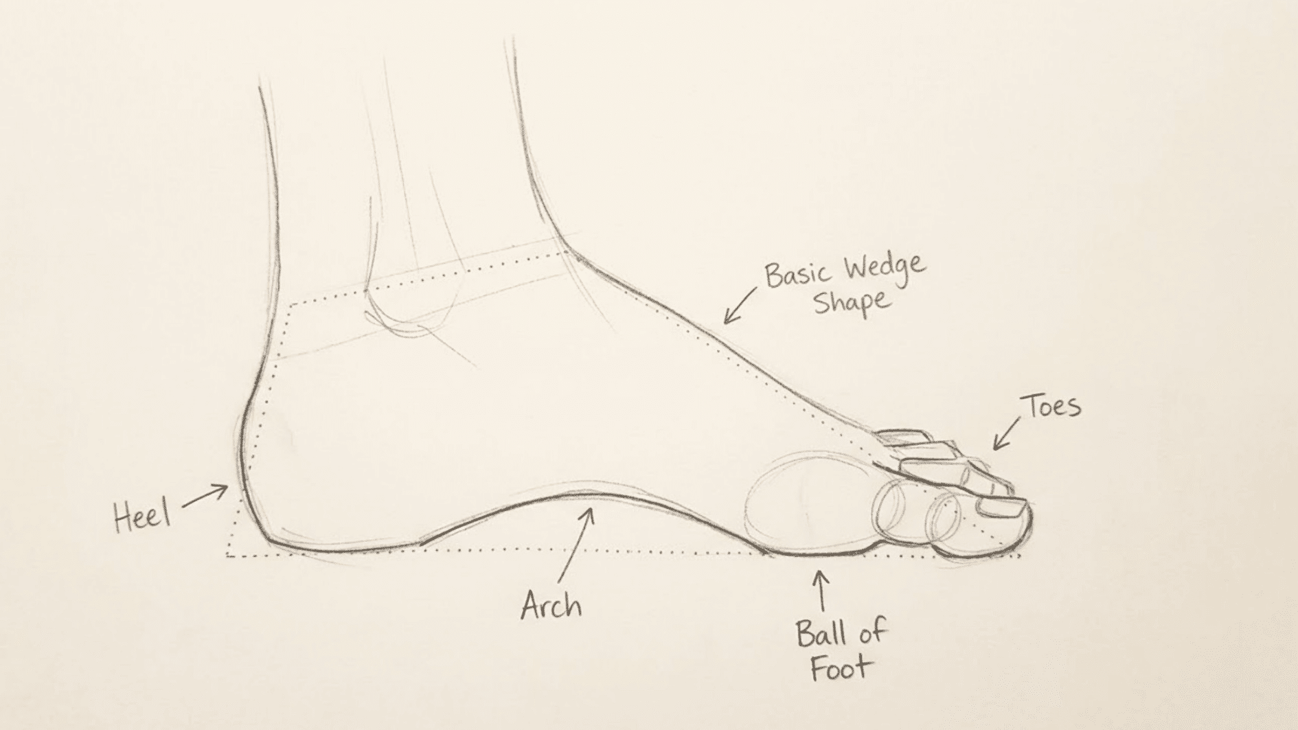 foot anatomy drawing showing the heel, arch, ball of the foot, toes, and basic wedge shape used to construct the foot