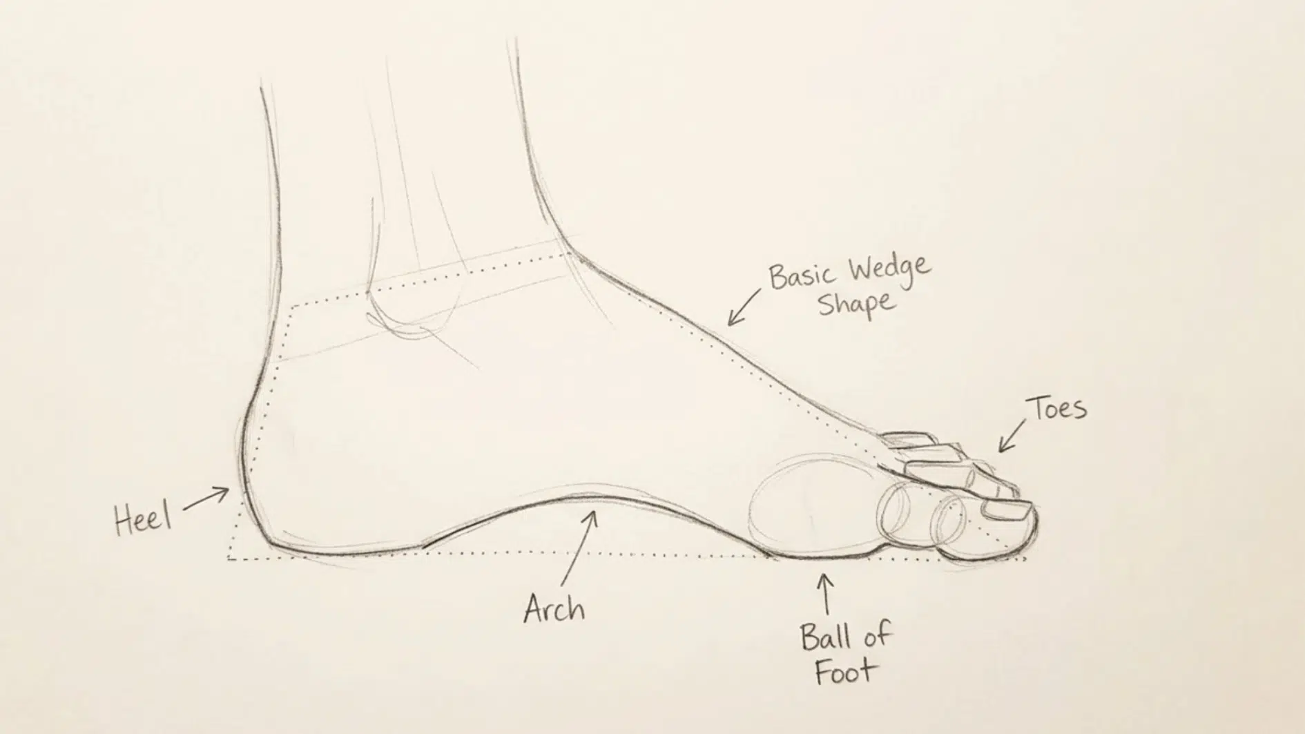 foot anatomy drawing showing the heel, arch, ball of the foot, toes, and basic wedge shape used to construct the foot