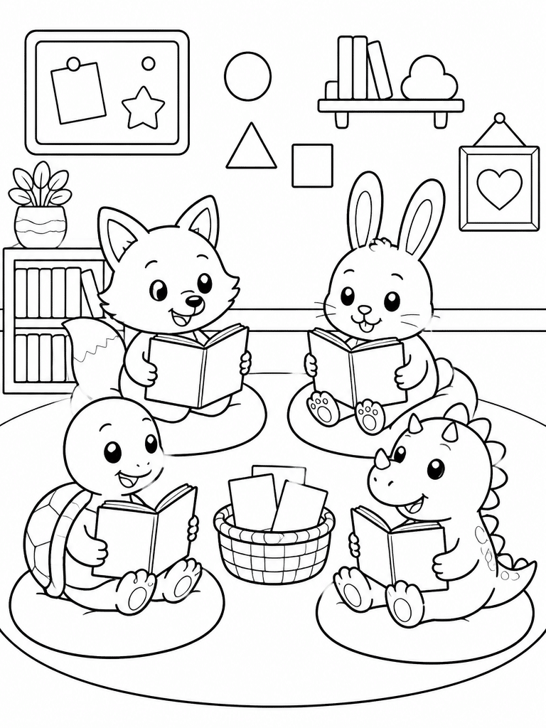 Four animal friends reading on cushions in a cozy classroom with bookshelves, plants, and lamps.