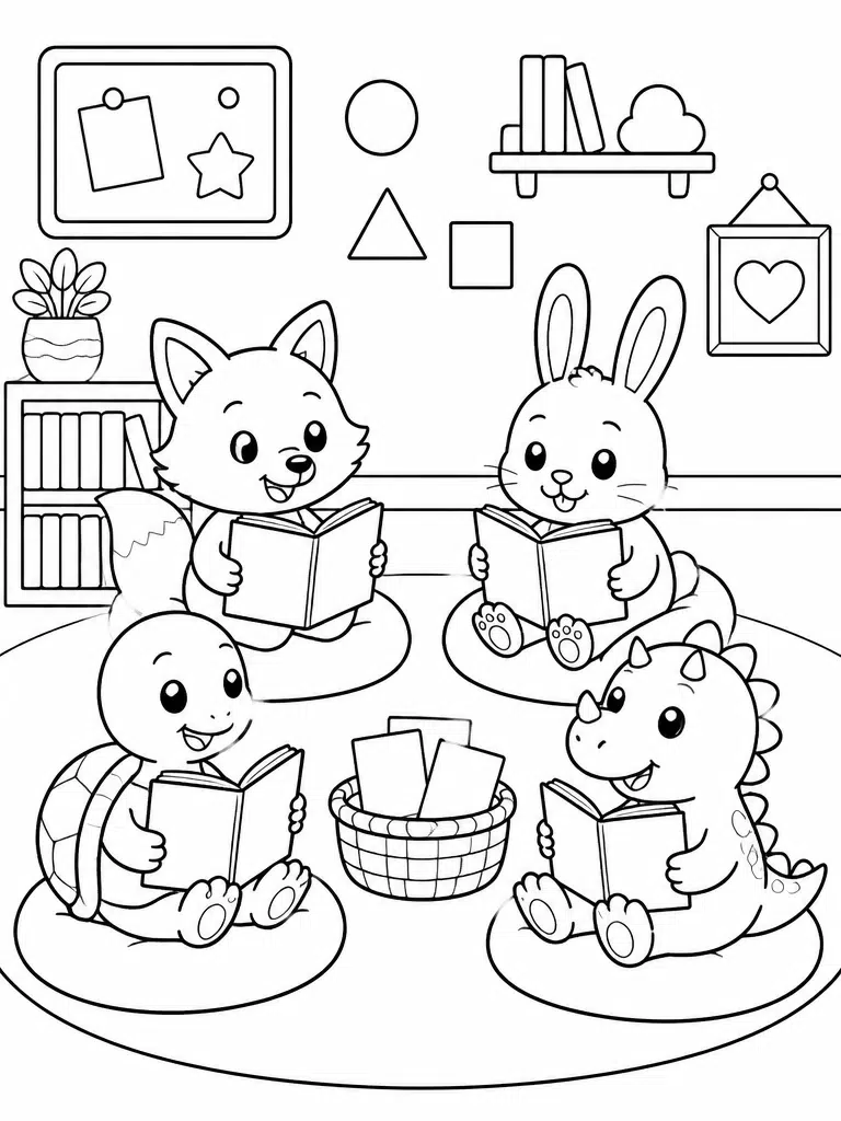 Four animal friends reading on cushions in a cozy classroom with bookshelves, plants, and lamps.