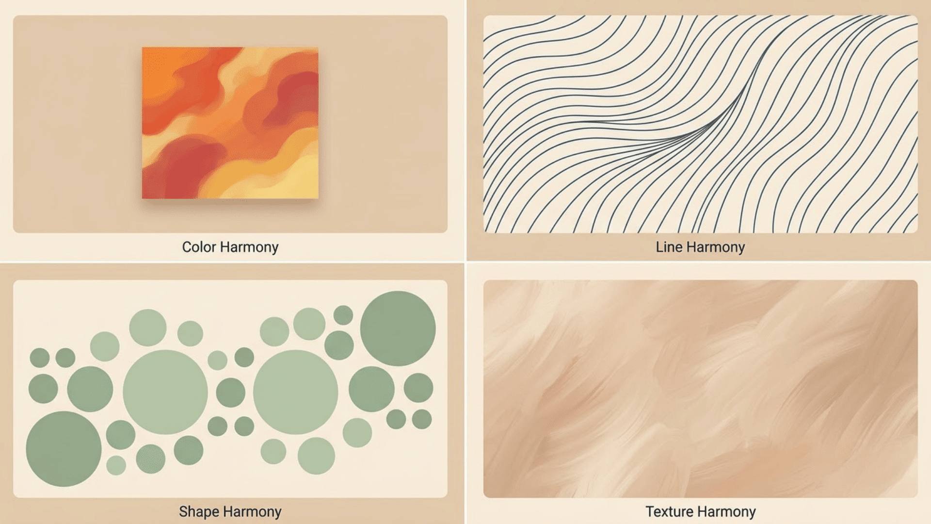 four-panel collage showing color harmony, line harmony, shape harmony, and texture harmony in art