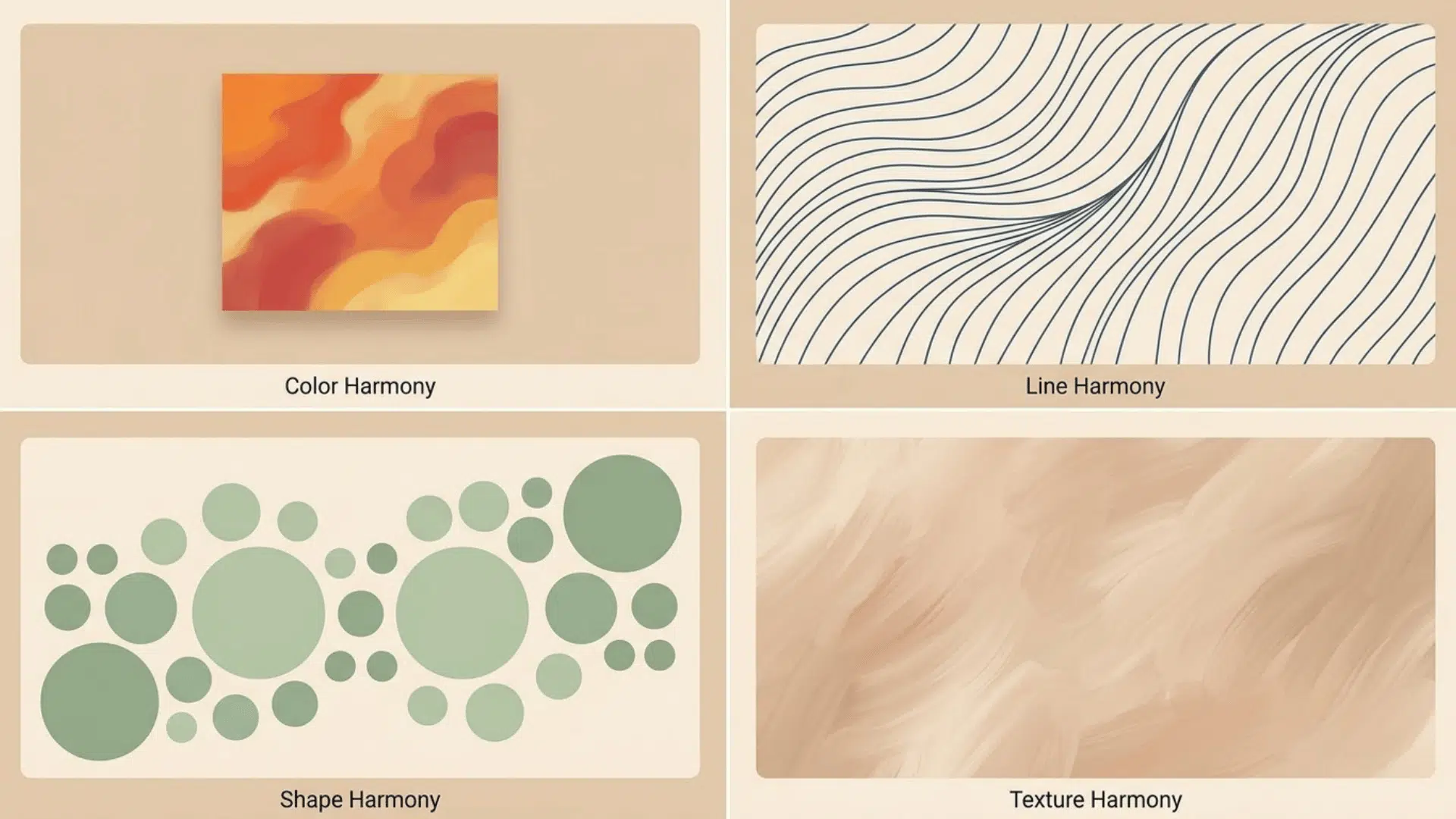four-panel collage showing color harmony, line harmony, shape harmony, and texture harmony in art
