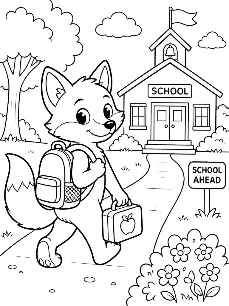 Fox walking to school with a backpack and lunch box along a simple path with bushes and fence.