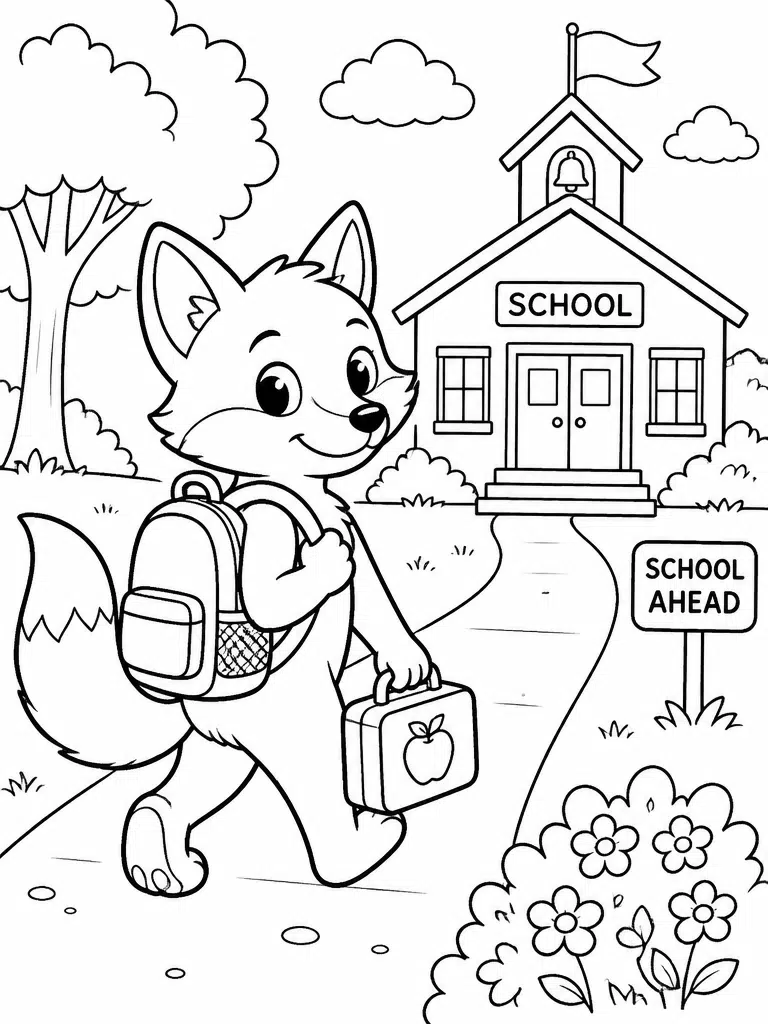Fox walking to school with a backpack and lunch box along a simple path with bushes and fence.