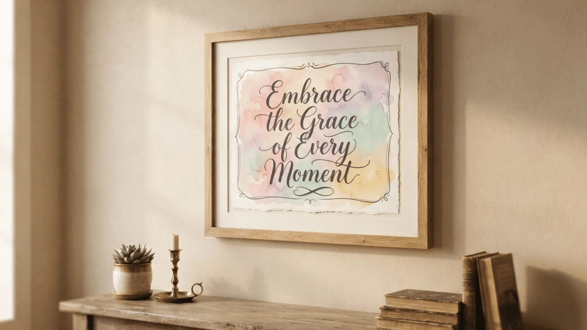 framed watercolor quote art displayed above a rustic table with books a candle and a small plant
