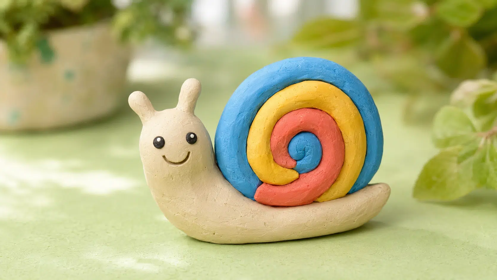 cheerful clay snail carrying a bright spiral shell