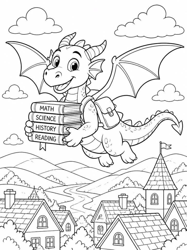 Friendly dragon flying with school books above hills, rooftops, clouds, and drifting leaves.