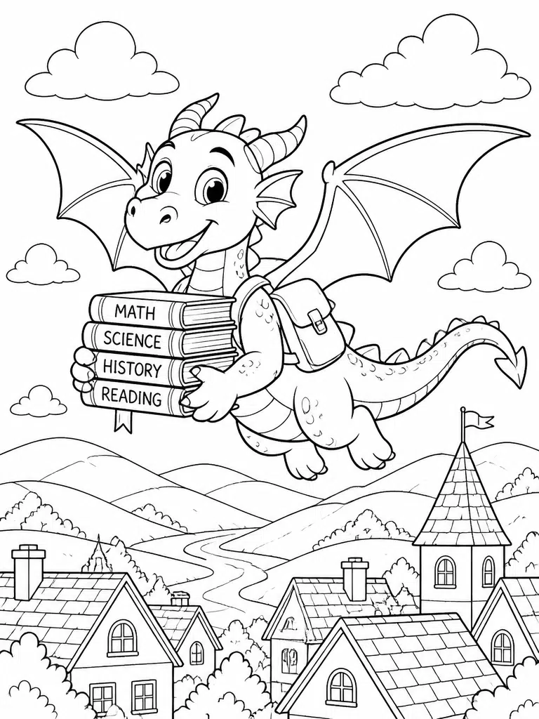 Friendly dragon flying with school books above hills, rooftops, clouds, and drifting leaves.