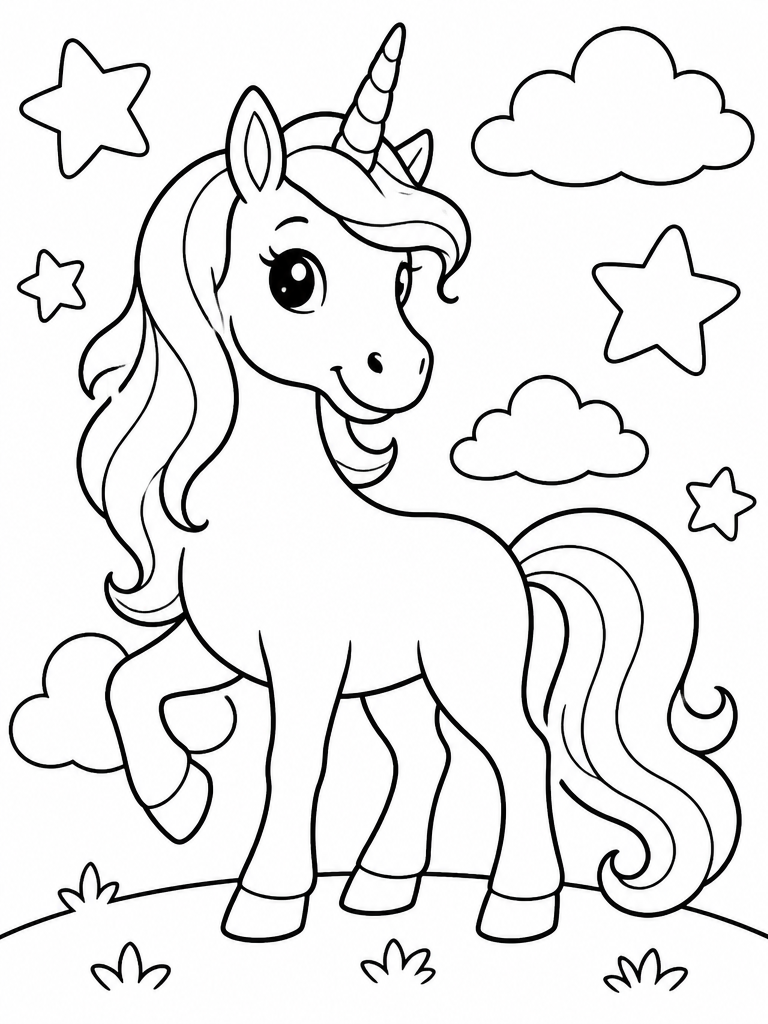 Friendly fantasy horse with flowing mane, simple horn, stars, and clouds for children to color.