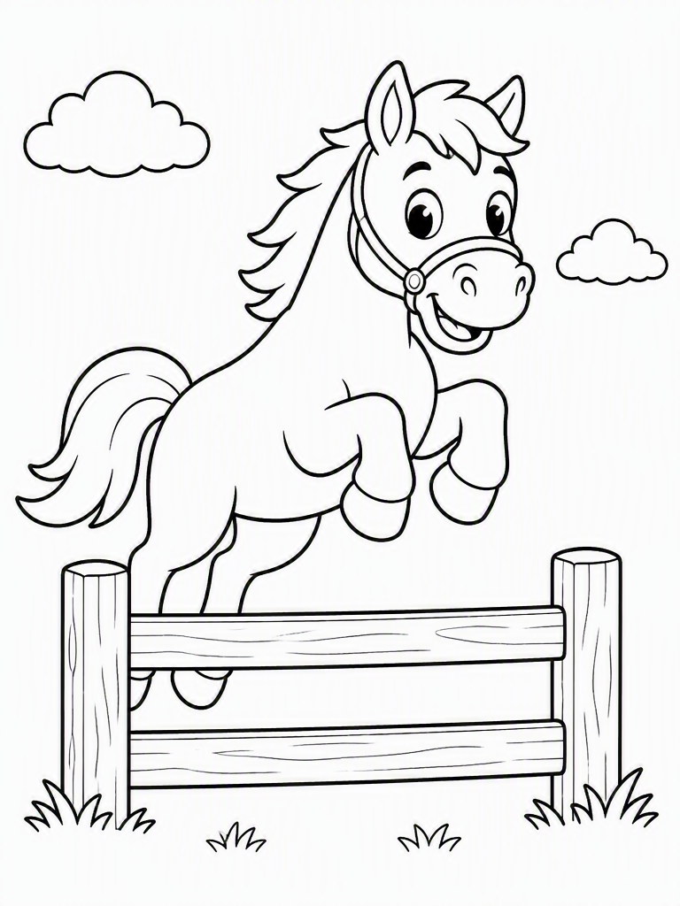 Friendly horse gently jumping over a small wooden fence with grass and clouds in the background.