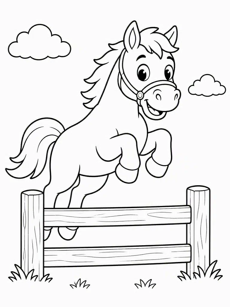 Friendly horse gently jumping over a small wooden fence with grass and clouds in the background.