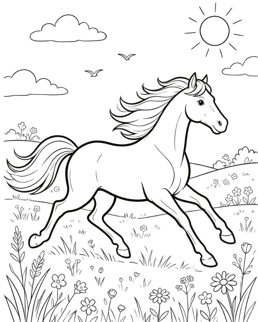 Friendly horse running through a meadow with flowing mane, grass, and simple flowers for children.
