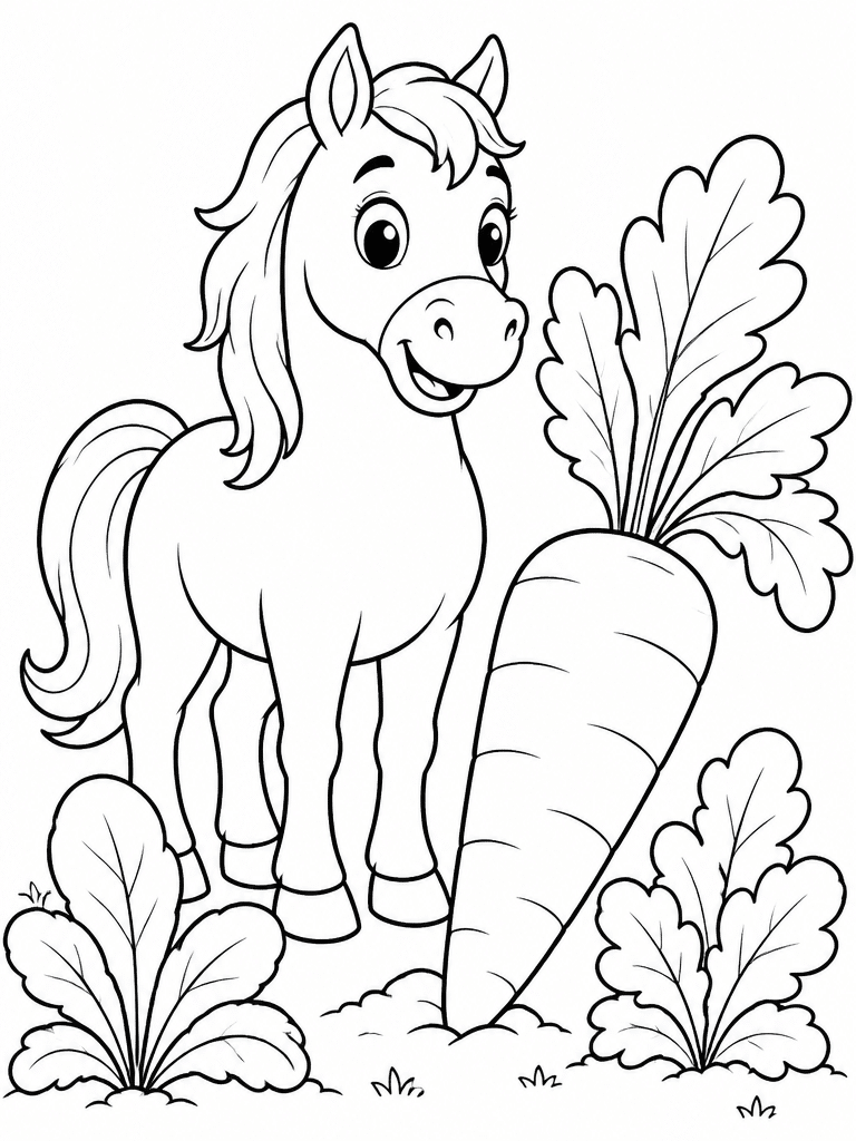 Friendly horse standing beside a large carrot and leafy plants in a simple coloring page for kids.