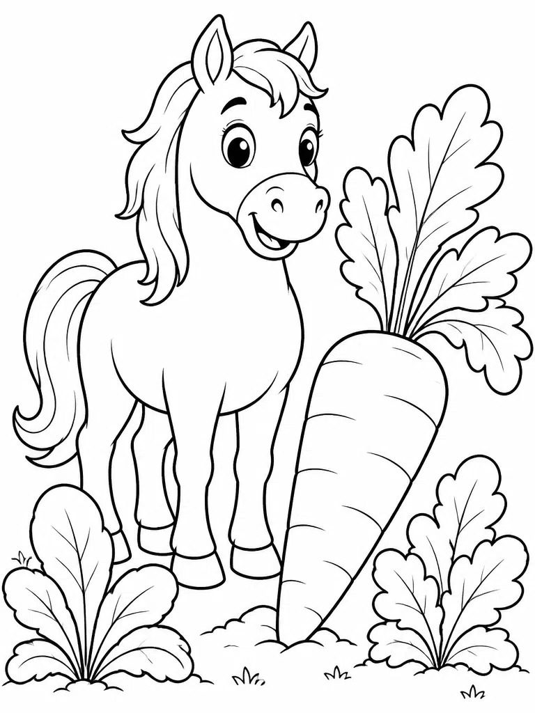 Friendly horse standing beside a large carrot and leafy plants in a simple coloring page for kids.