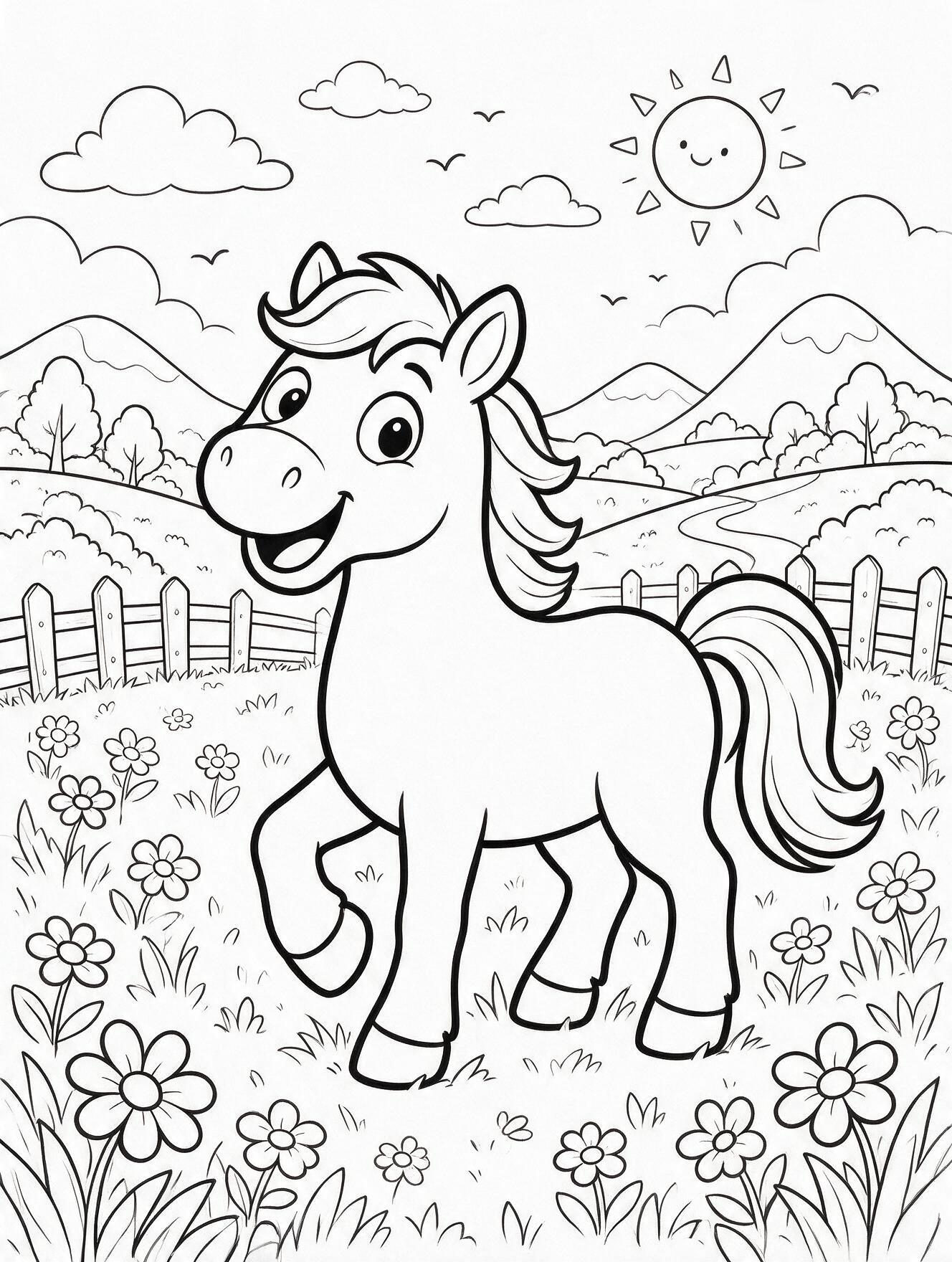 Friendly horse standing in a grassy field with flowers, clouds, and a simple fence for kids to color.