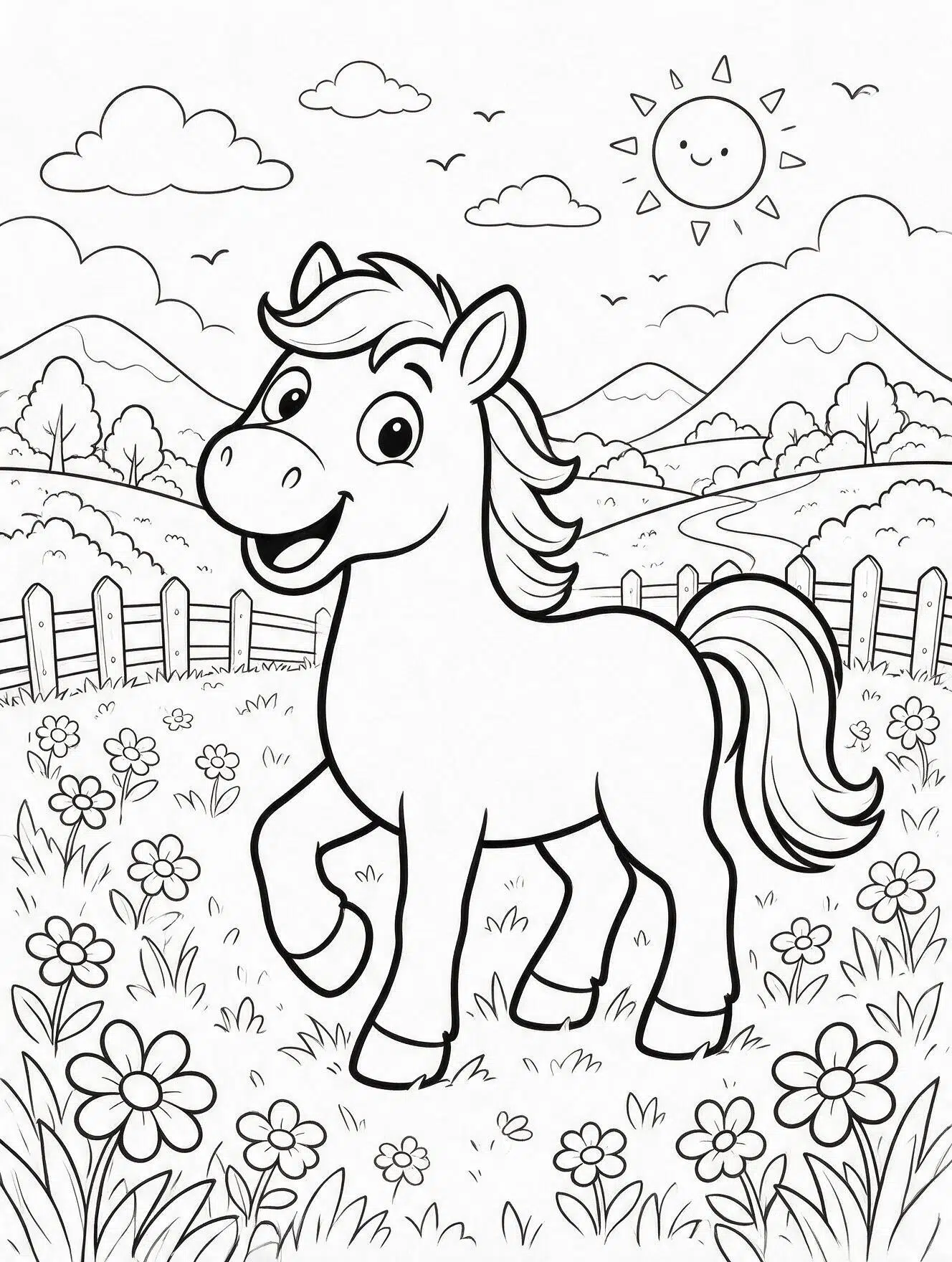 Friendly horse standing in a grassy field with flowers, clouds, and a simple fence for kids to color.