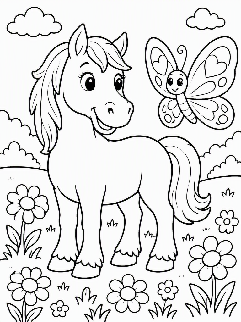 Friendly horse standing in a meadow beside a large butterfly, flowers, and simple grass for coloring.