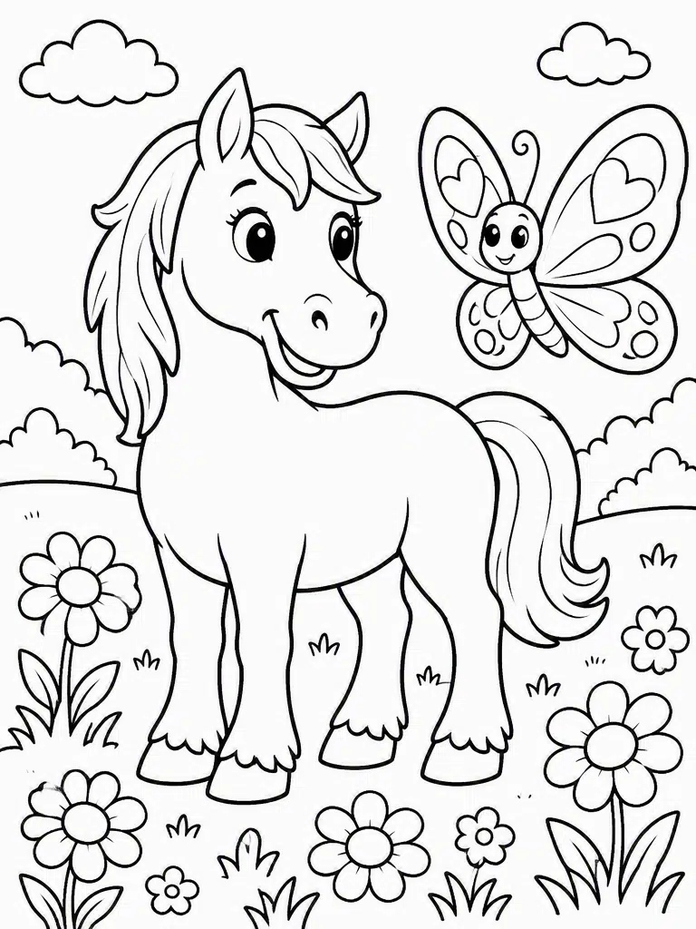 Friendly horse standing in a meadow beside a large butterfly, flowers, and simple grass for coloring.