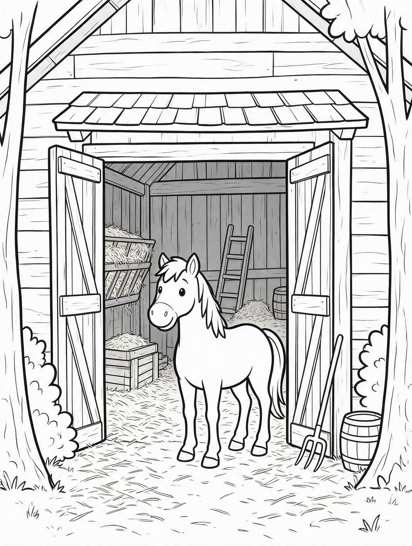 Friendly horse standing inside a simple barn doorway with wooden boards and hay around it.