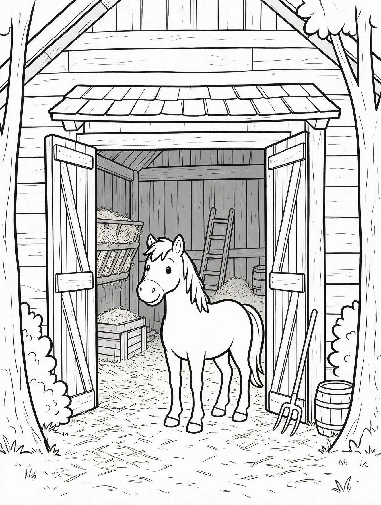 Friendly horse standing inside a simple barn doorway with wooden boards and hay around it.
