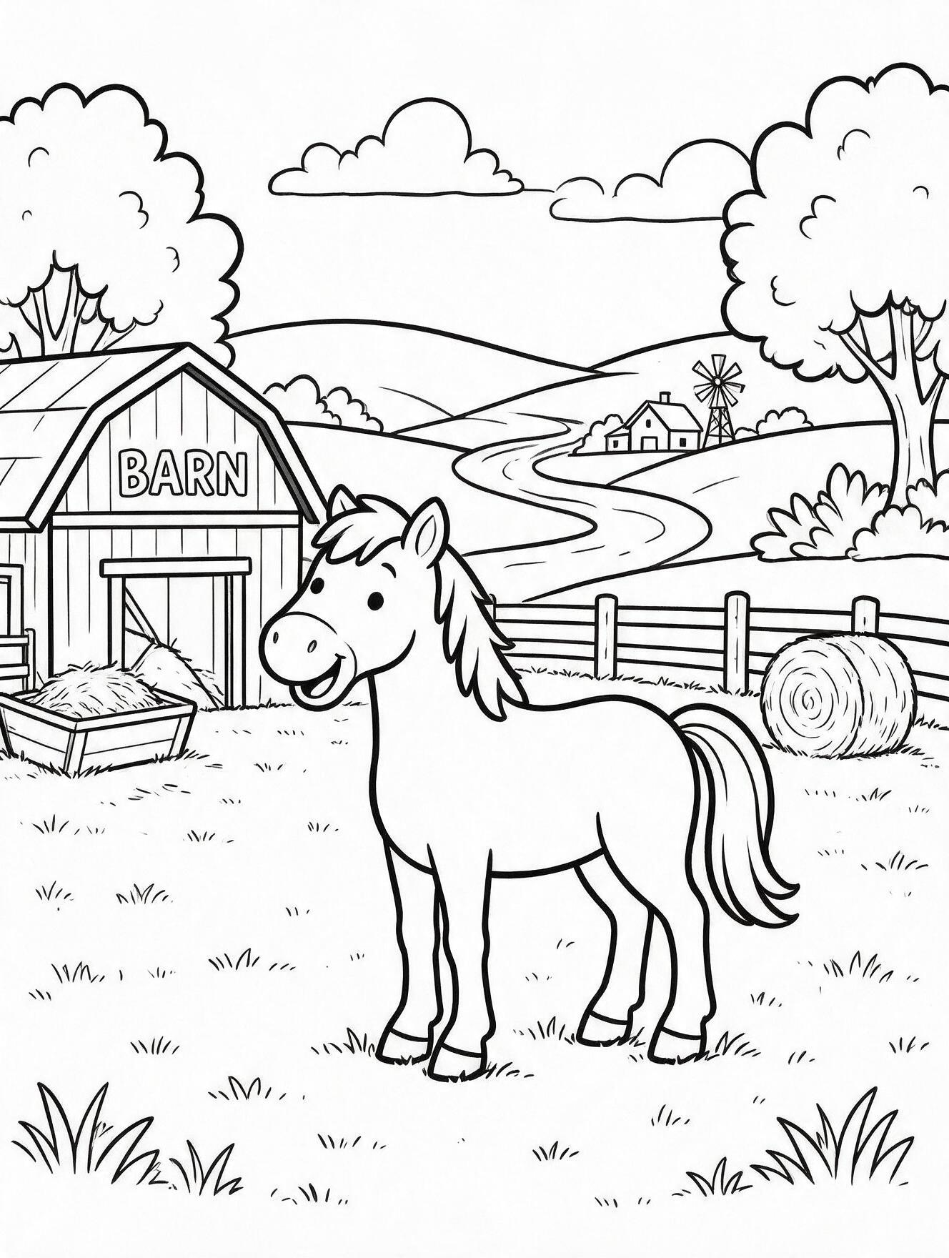 Friendly horse standing on a farm beside a barn, hay bale, and wooden fence for kids to color.