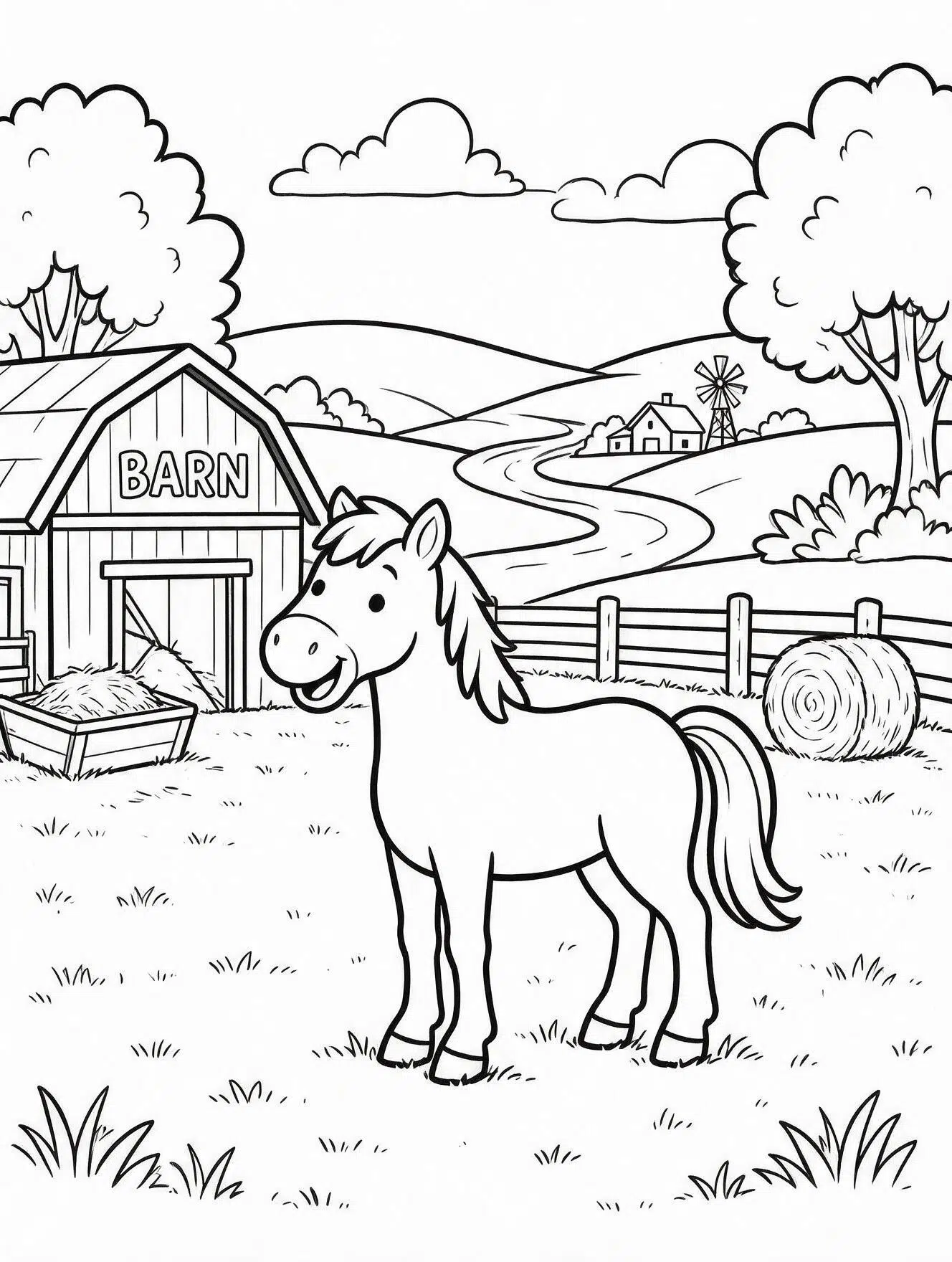 Friendly horse standing on a farm beside a barn, hay bale, and wooden fence for kids to color.