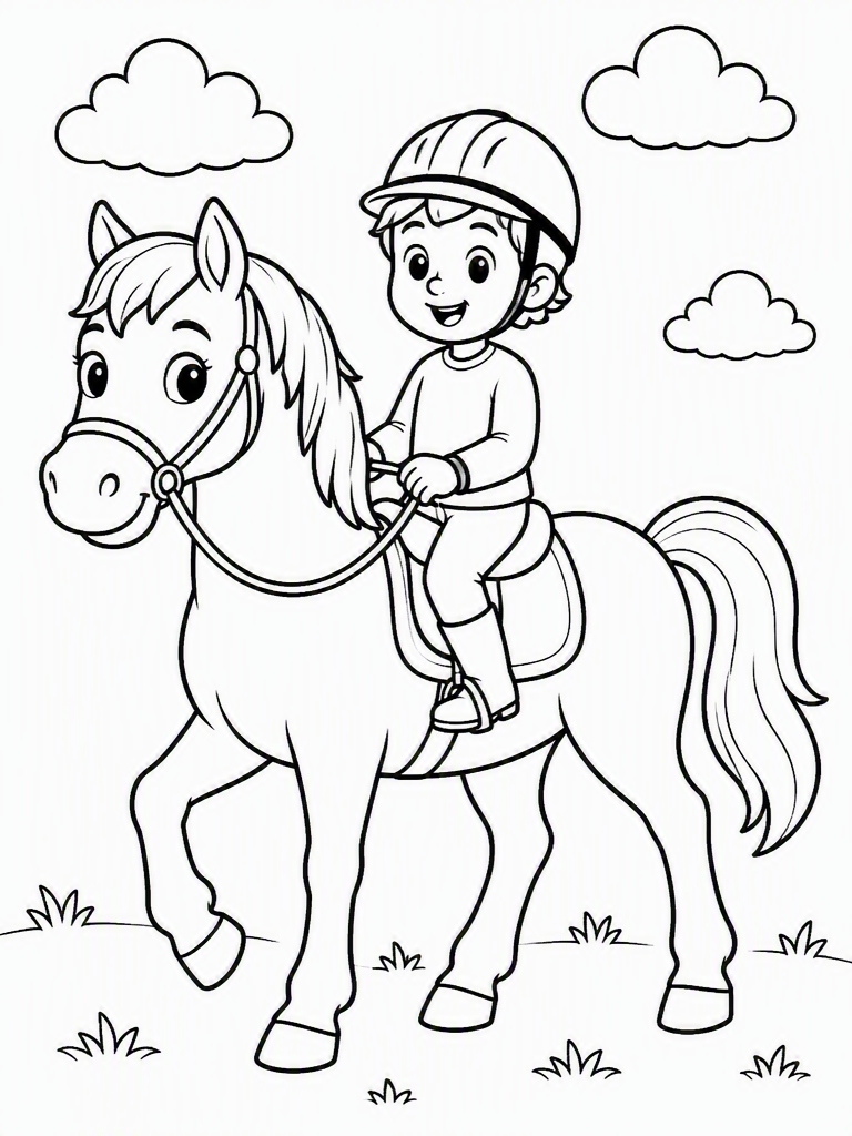 Friendly horse walking with a young rider on a simple saddle in a printable coloring scene.