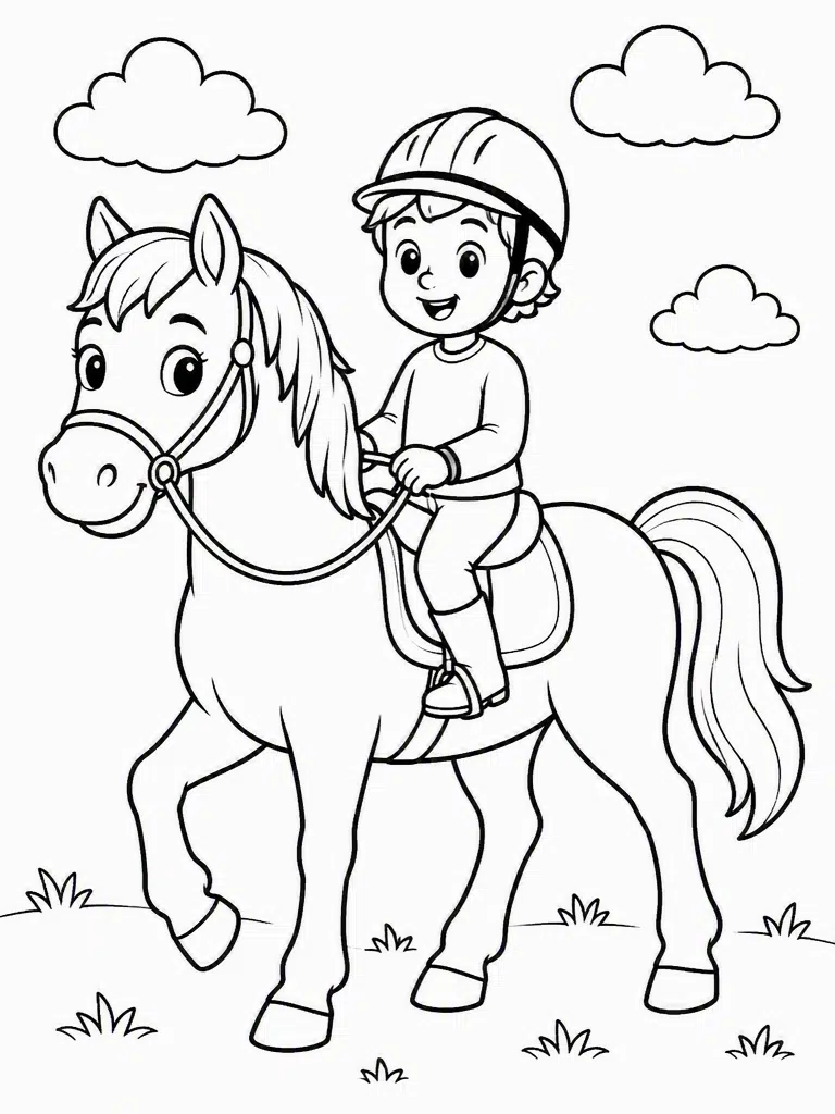 Friendly horse walking with a young rider on a simple saddle in a printable coloring scene.