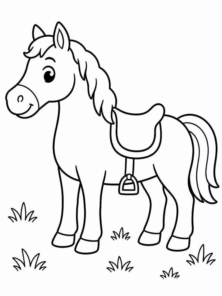 Friendly horse wearing a simple saddle while standing in grass in a printable coloring design.