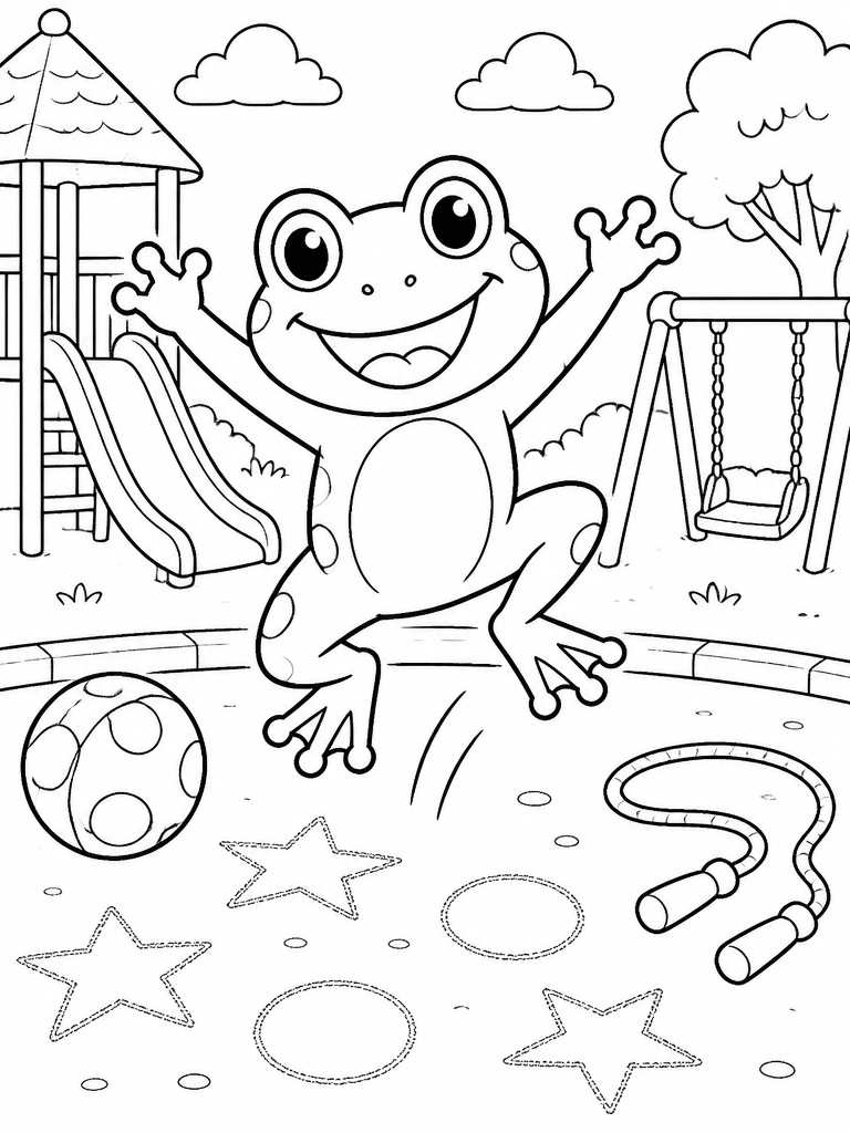 Frog jumping across playground chalk shapes beside a ball, jump rope, and simple school fence.