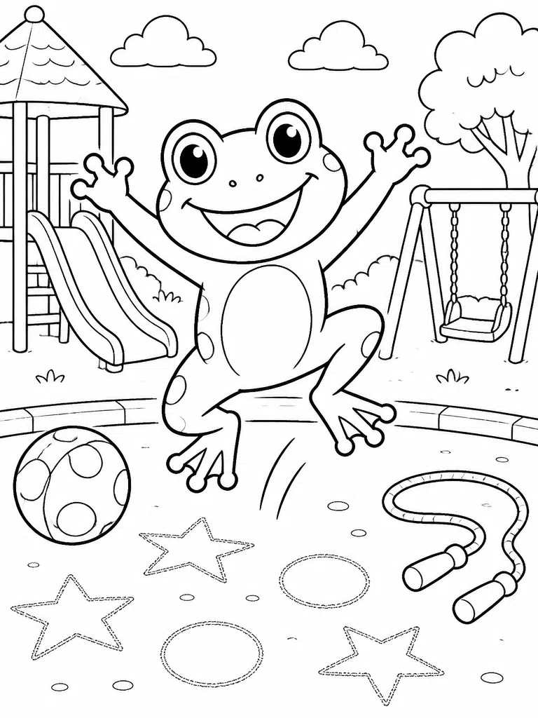 Frog jumping across playground chalk shapes beside a ball, jump rope, and simple school fence.