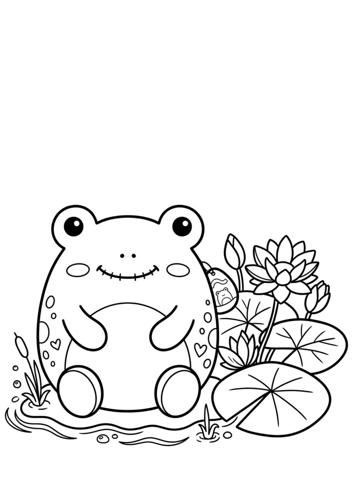 frog squishmallow coloring page with flowers and lily pads, simple printable black and white coloring design for kids