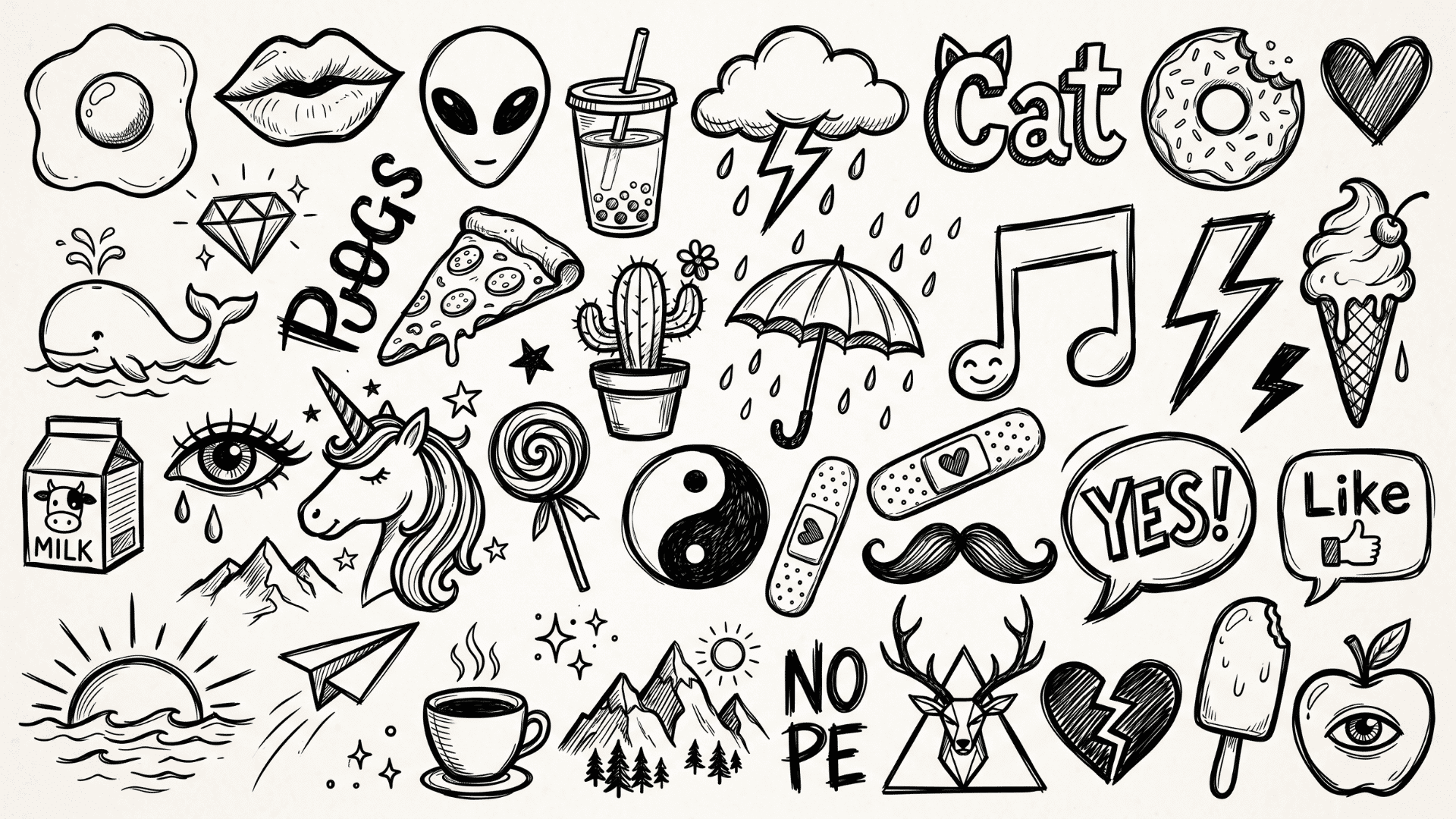 Black and white doodle sheet with icons, animals, food, and symbols