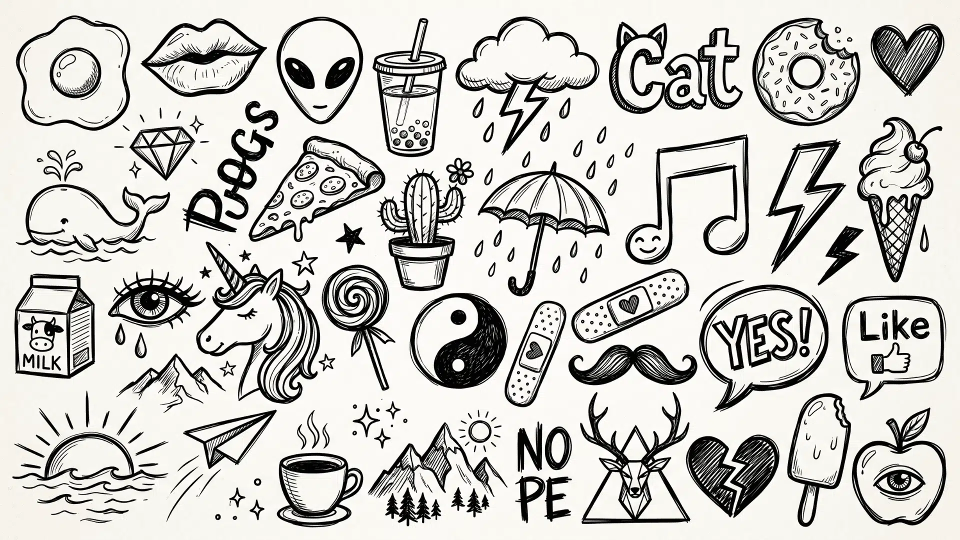 Black and white doodle sheet with icons, animals, food, and symbols