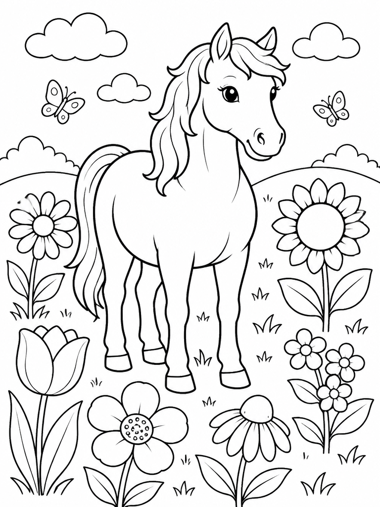 Gentle horse standing among large flowers and leaves in a simple black-and-white coloring page.