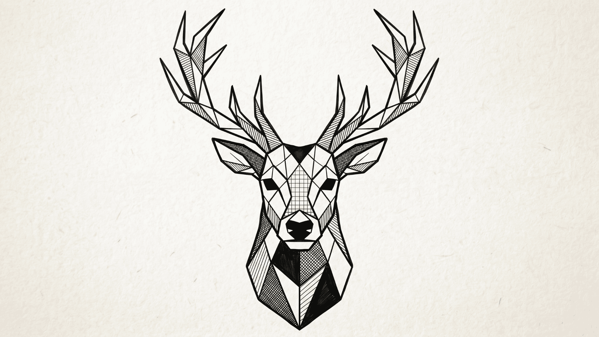 Geometric deer head drawing with sharp lines and patterned shading.