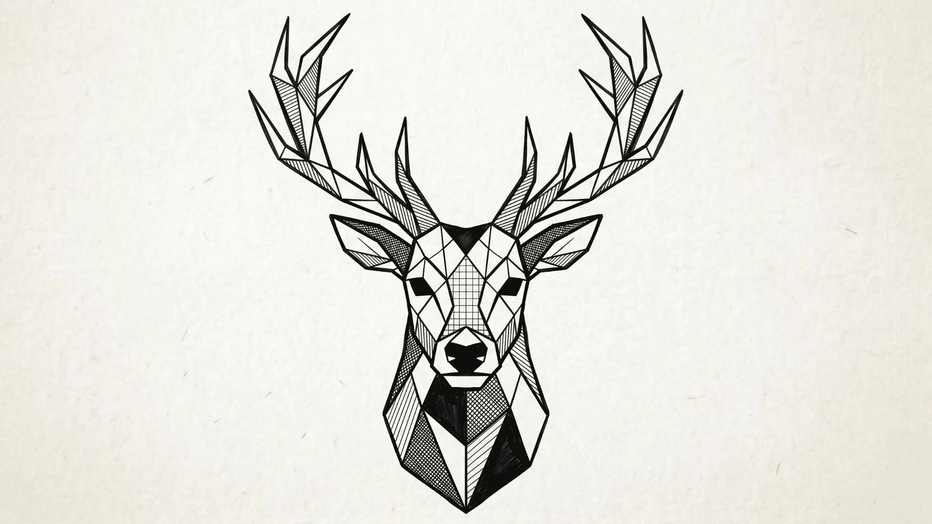 Geometric deer head drawing with sharp lines and patterned shading.