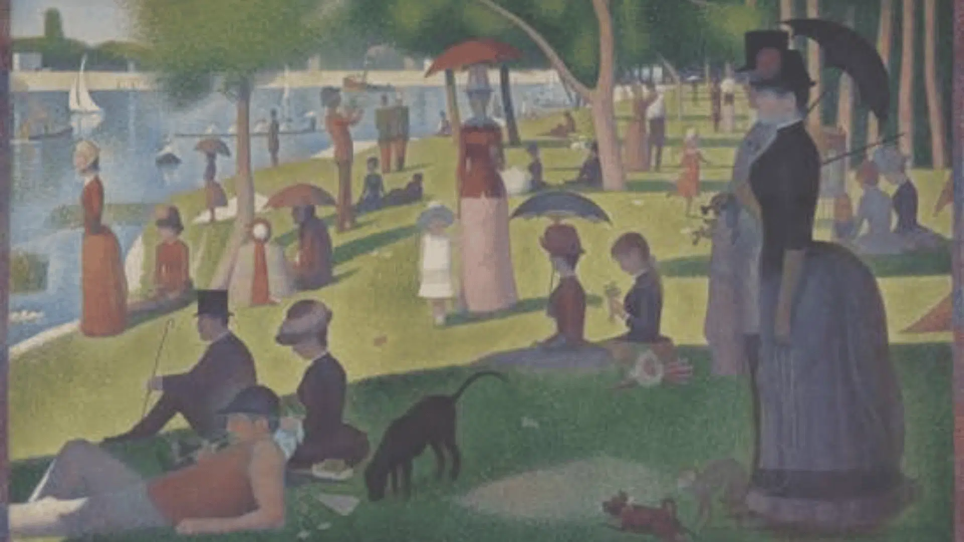 georges seurat's A sunday on la grande jatte showing people relaxing beside the seine in a park