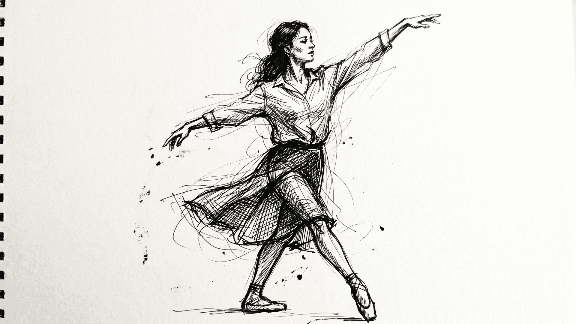 Gesture drawing of a dancer in motion with loose ink lines.
