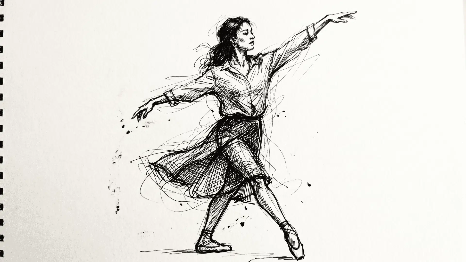 Gesture drawing of a dancer in motion with loose ink lines.