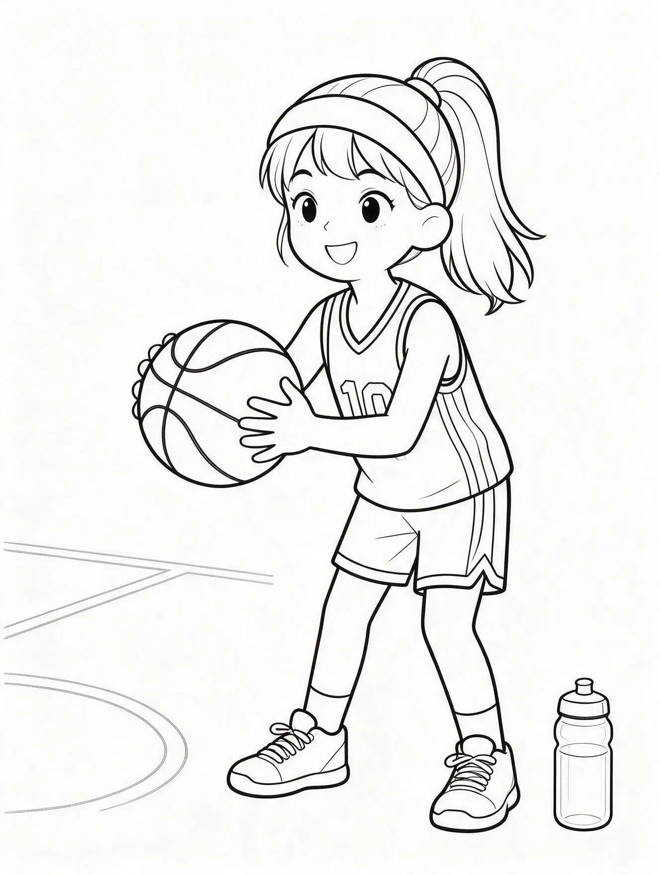 Girl basketball player coloring page holding a ball on the court