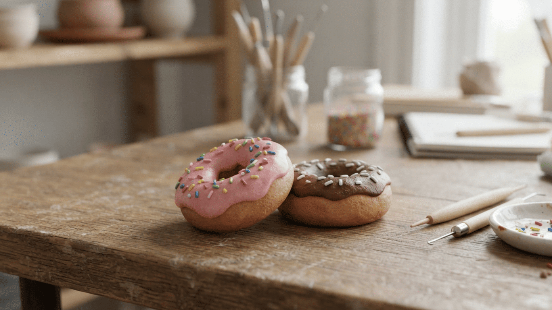 handmade clay donut pair with pink and chocolate icing and colorful sprinkles on a craft table