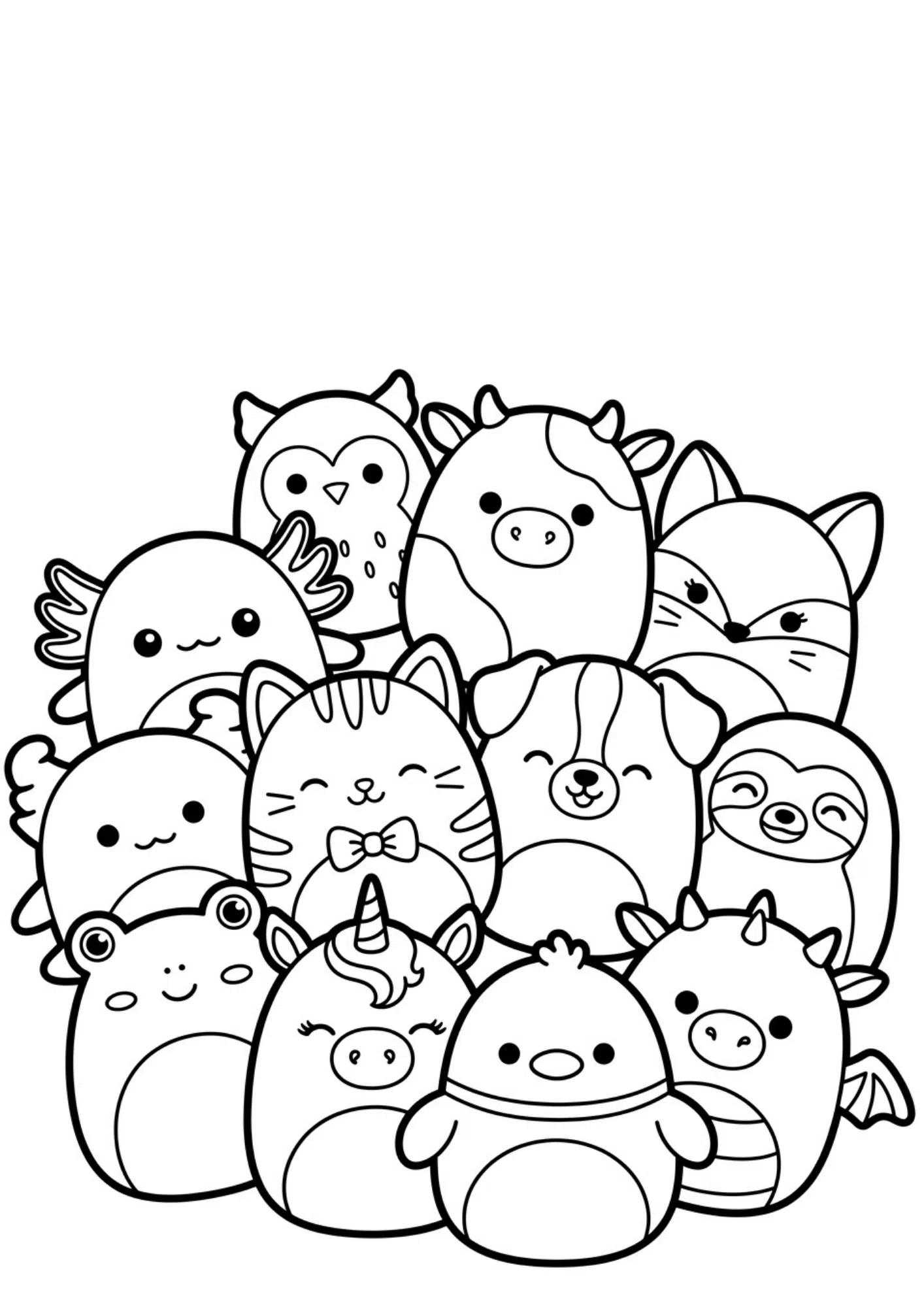 group of squishmallows coloring page featuring multiple characters and printable black and white coloring activity for kids