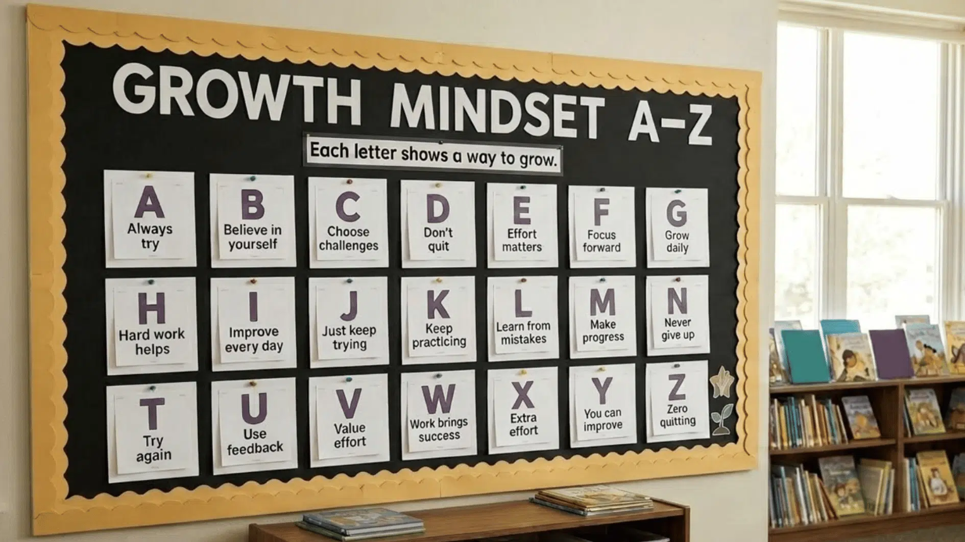 growth mindset a to z bulletin board with positive learning messages displayed in a classroom reading area