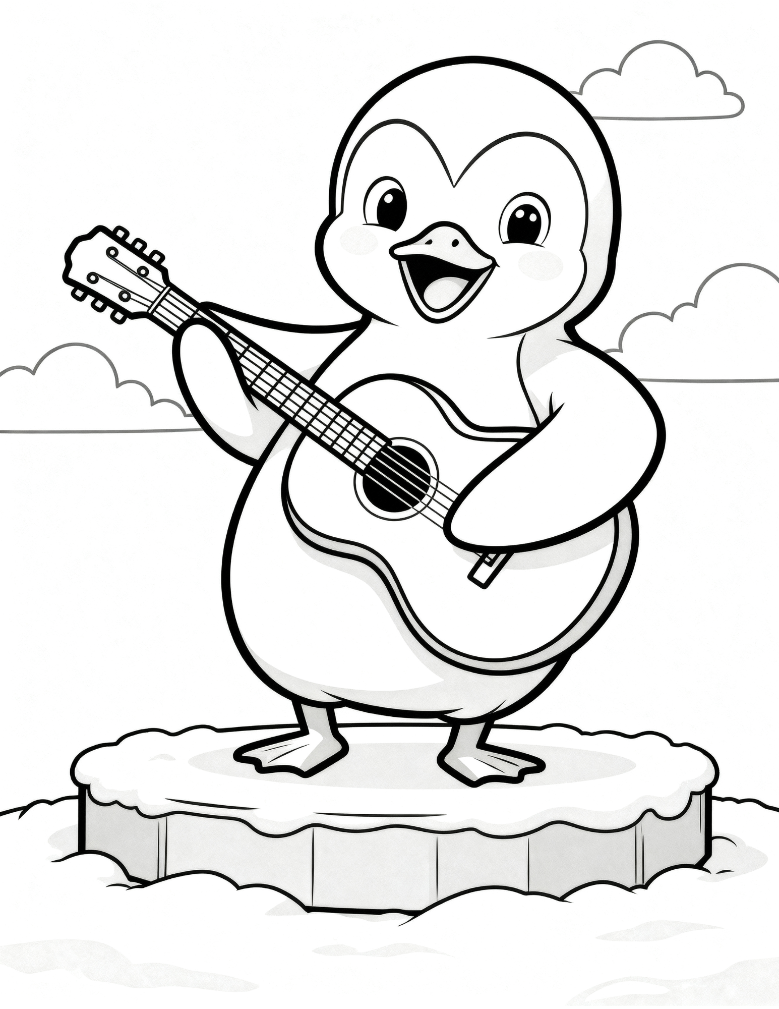 penguin playing guitar musician performance coloring page outline