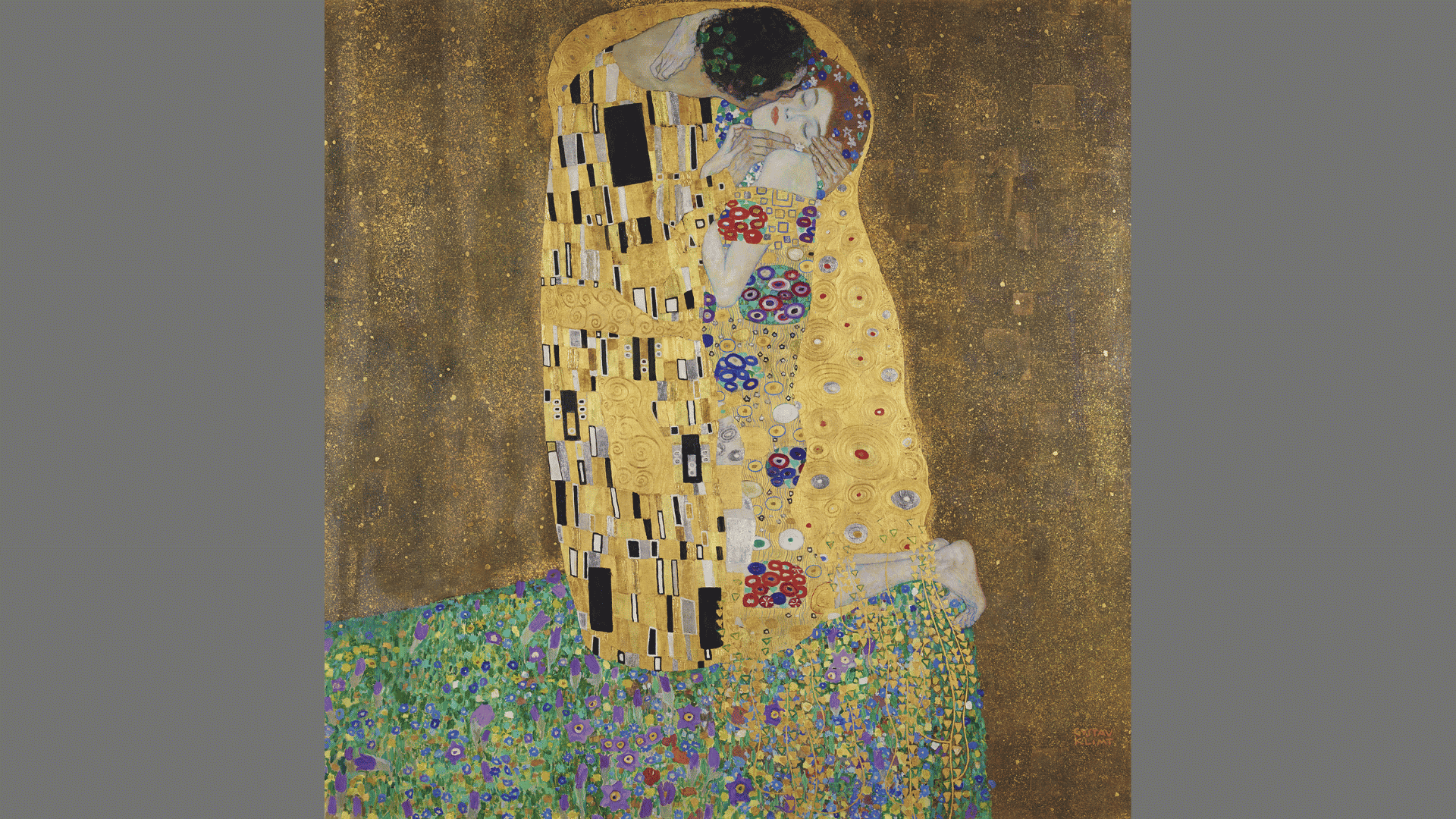 gustav klimt's the kiss showing an embracing couple wrapped in gold patterns above a flower-filled ground