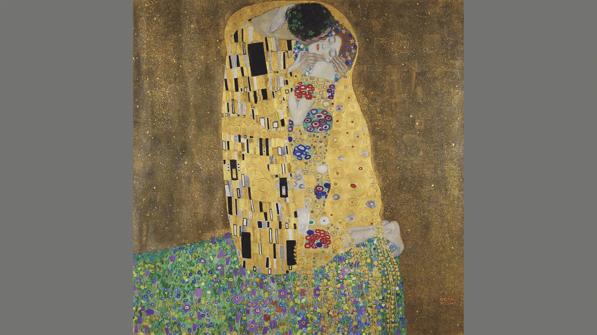 gustav klimt's the kiss showing an embracing couple wrapped in gold patterns above a flower-filled ground