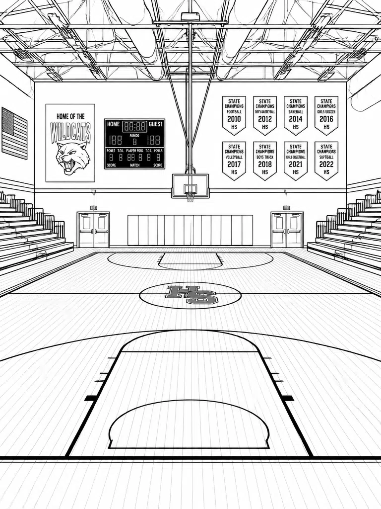 School gym coloring page with bleachers, banners and basketball court lines