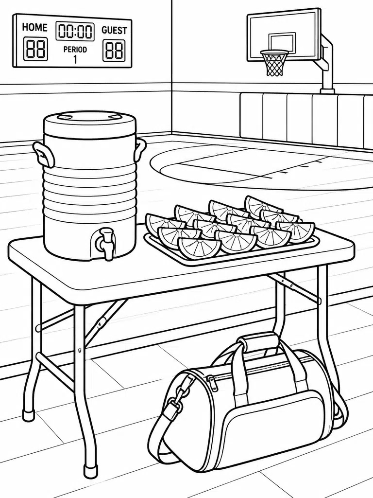 Halftime snack coloring page with orange slices, water cooler and cups